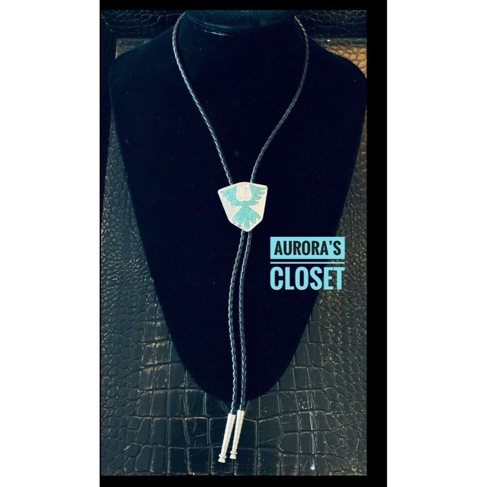 Faux Turquoise Bolo Tie Faux Leather Cord Silver Metal Tips